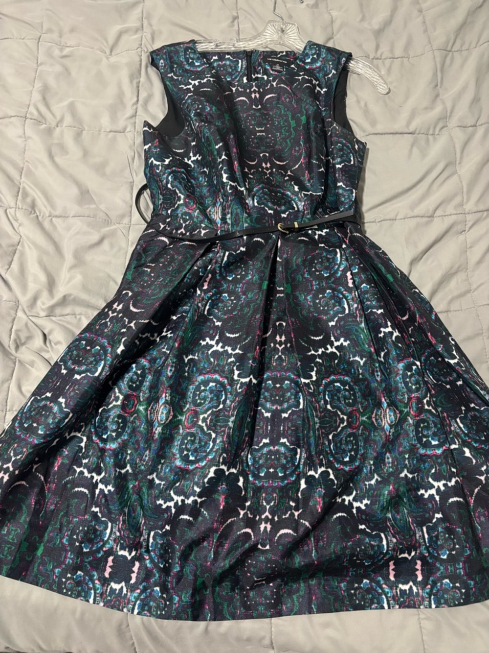 Liz Claiborne Black Midi Dress with Teal and Purple Pattern